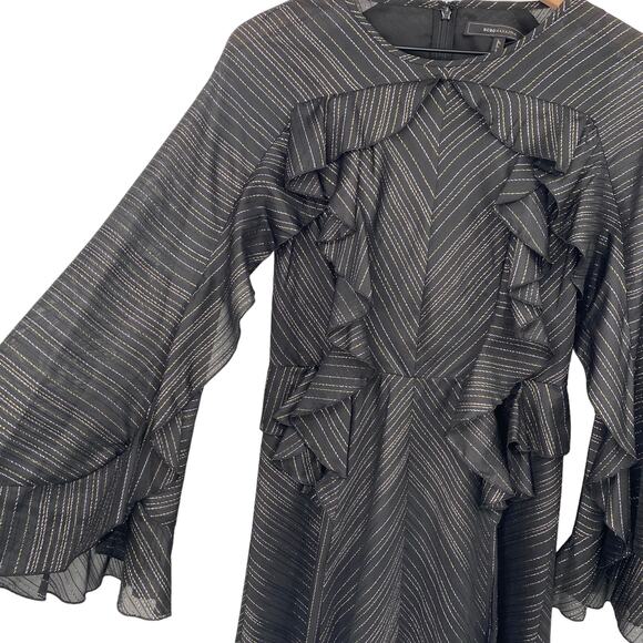BCBGMAXAZRIA Ruffled Fit & Flare Mini Dress Metallic Lurex Stripe Black NEW XXS - Picture 5 of 13